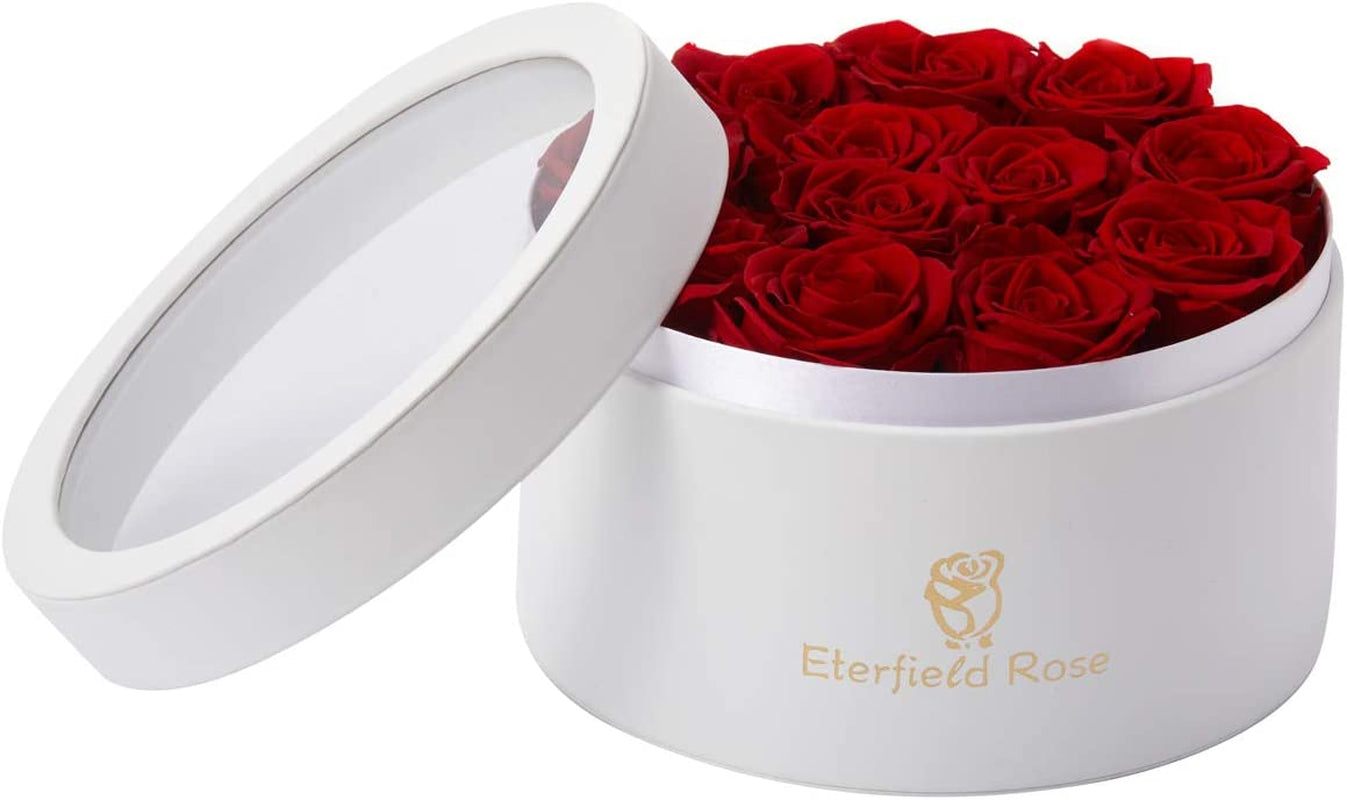 12 Preserved Rose in a Box Real Roses That Last a Year Preserved Flowers for Delivery Prime Gift for Her Valentines Day Mother Day (Red Roses, round White PU Leather Box)